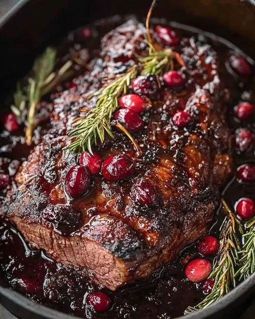 meat with cranberry sauce in a cast iron skillet