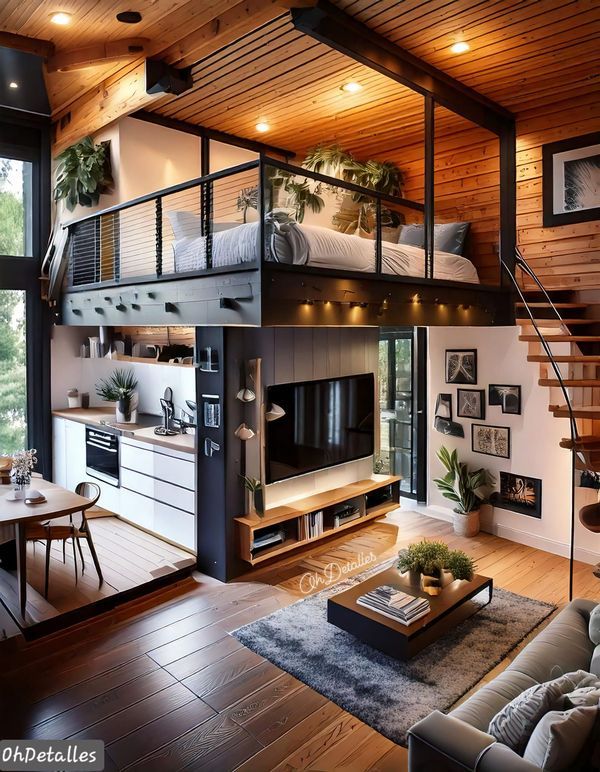 a living room filled with furniture next to a staircase leading up to a loft bed