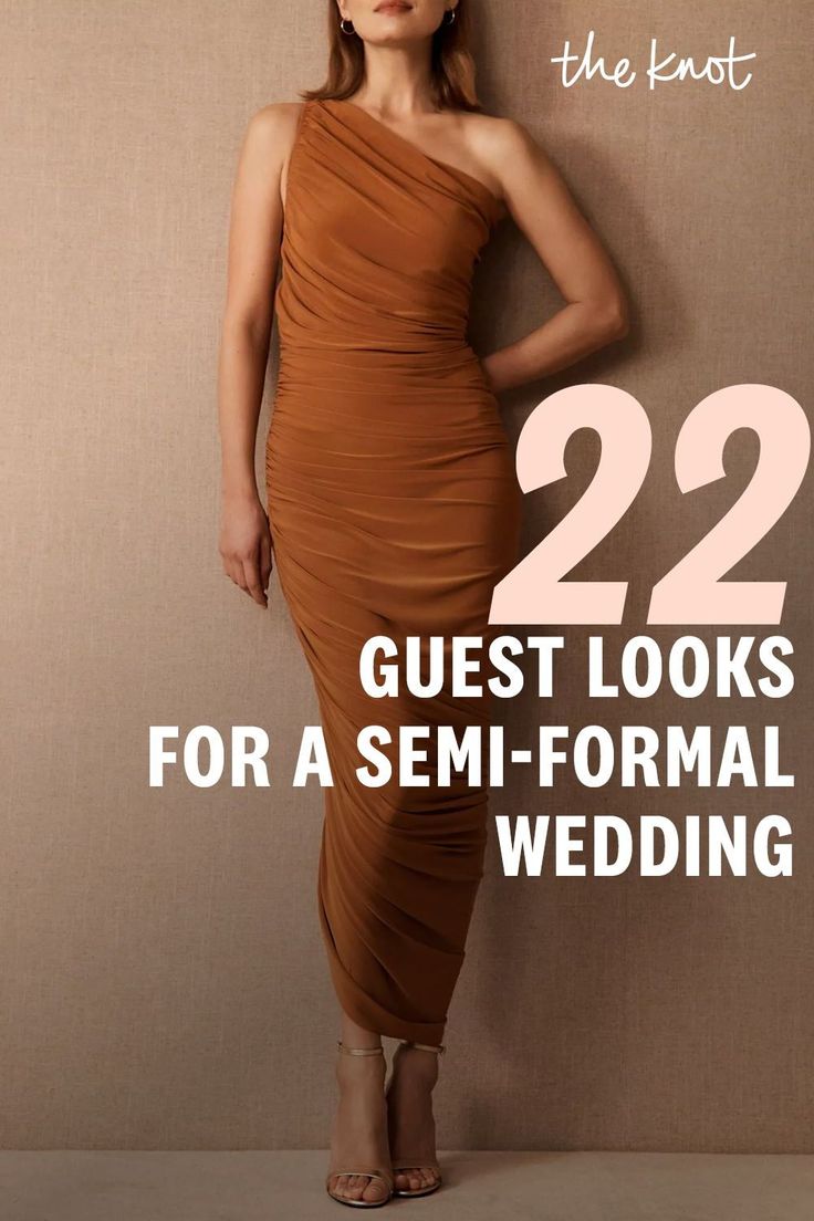 a woman in a brown dress with the words 22 guest looks for a semi - formal wedding