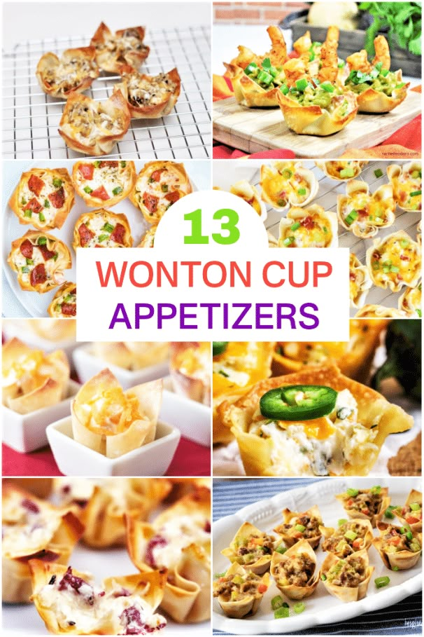 various appetizers are shown with the words wonton cup appetizers