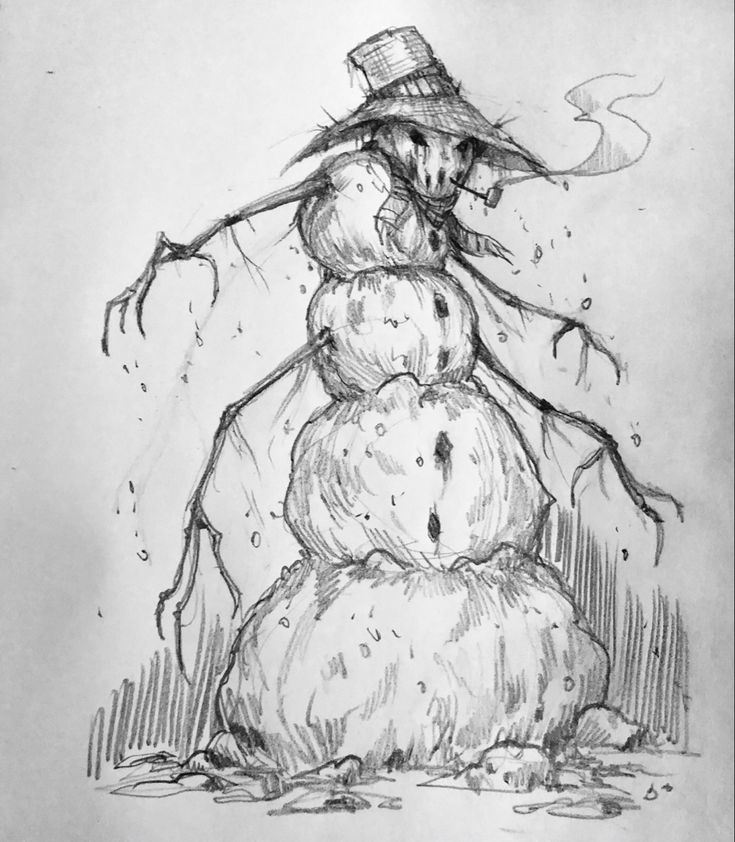 a drawing of a snowman wearing a hat and holding an umbrella over his head