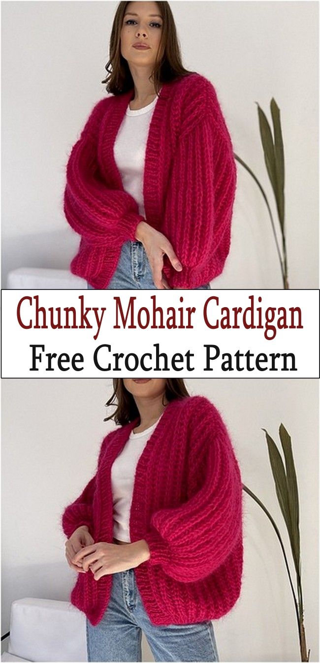 the chunky mohair cardigan is knitted in two different colors and sizes