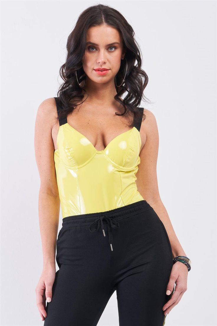 Yellow Vegan Leather Elastic Strap Bustier Bodysuit Yellow Bodysuit, Bustier Bodysuit, Leather Bustier, Chic Summer Outfits, Stylish Women Fashion, Layered Look, Womens Bodysuit, Ethical Fashion, Leather Top