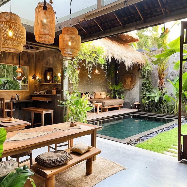 an outdoor dining area next to a pool with lights hanging from the ceiling and potted plants