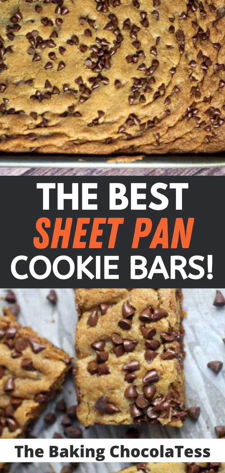 the best sheet pan cookie bars with chocolate chips on top and in the middle, there are