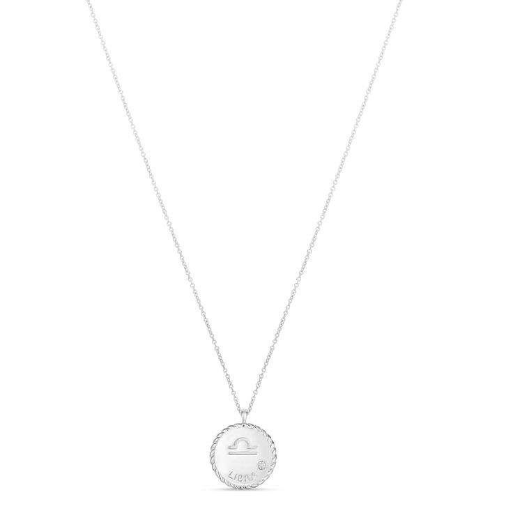 Style Number - AZ18816
Imbued with a cosmic sparkling diamond, our Diamond Libra Zodiac Disk pendant necklace shows off your sun sign in 14k white gold.A luxurious gift for yourself or a loved one, this sleek pendant necklace includes a 16 or 18 matching chain at no additional cost.The diamond is prong set and rated G-H for color and SI1-SI2 for clarity, with a 0.01 total carat weight.Our Diamond Libra Zodiac Disk pendant necklace is available in other metals. This diamond pendant necklace desig Luxury Sterling Silver Zodiac Sign Necklaces, White Gold Zodiac Sign Round Pendant Jewelry, White Gold Zodiac Sign Jewelry, Round Shape, White Gold Round Zodiac Sign Jewelry, Luxury Silver Zodiac Sign Necklace, Fine Jewelry Diamond Zodiac Sign, Round Zodiac Sign Diamond Jewelry, Diamond Zodiac Sign Jewelry, Zodiac Sign Diamond Jewelry