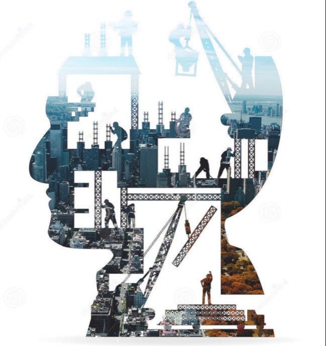 the silhouette of a man's head is surrounded by construction cranes and workers on top of buildings