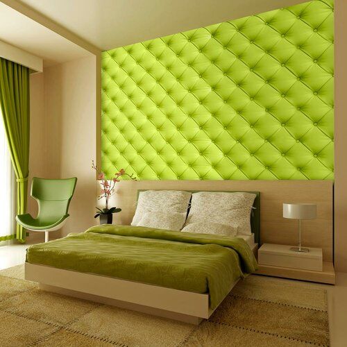 a bedroom with green walls and curtains on the windowsills is pictured in this image