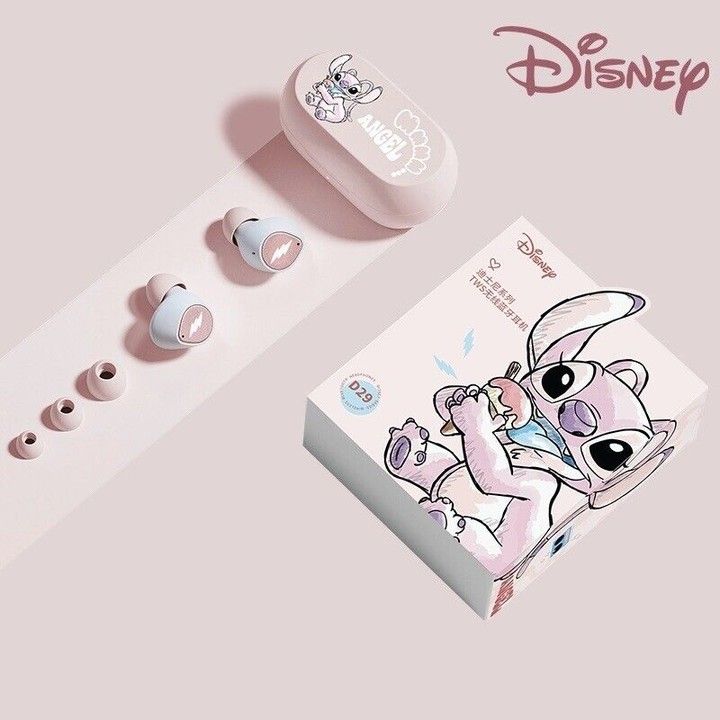 an earphone and packaging for disney's new earbuds are shown on a pink background