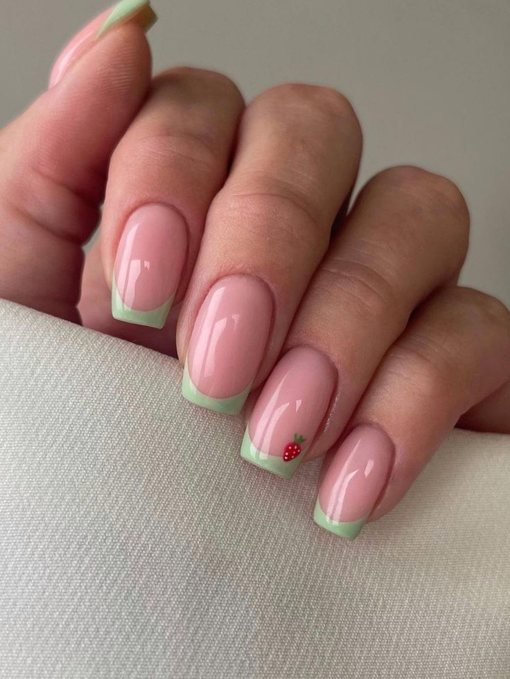 sage green nails: simple French tips Nails Strawberry, Nails Fruit, Strawberry Nail Art, Strawberry Nail, Strawberry Nails, Fruit Nails, Popular Nail Colors, Ballet Nails, Pretty Nail Polish