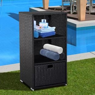 an outdoor storage unit next to a swimming pool with towels and toiletries on it