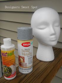 a white mannequin head sitting on top of a wooden shelf next to some glue