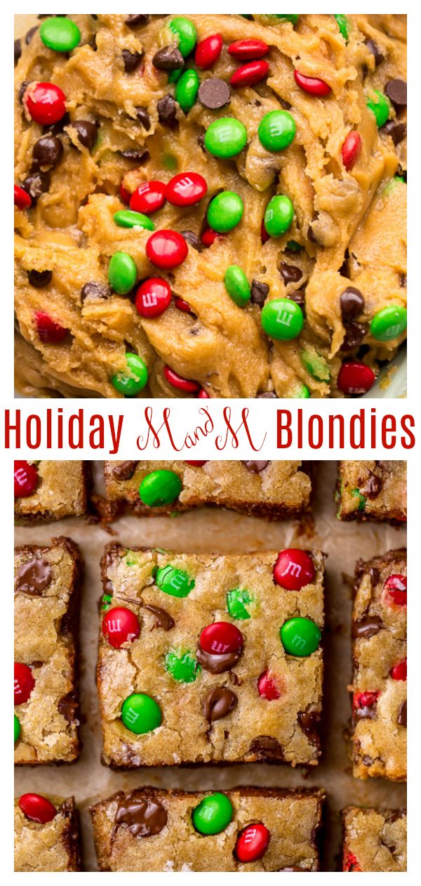 holiday dessert blondies with m & m cookies, candy bars and chocolate chips on top