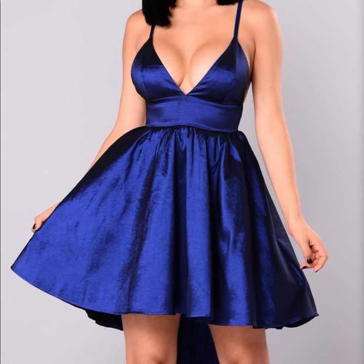 Royal Blue High Kinda Low Dress Blue A-line Cocktail Dress, Chic Blue A-line Dress, Royal Blue Mini Dress For Prom, Blue A-line Mini Dress For Casual Occasions, Blue Knee-length Homecoming Mini Dress, Blue Knee-length Mini Dress For Homecoming, Blue A-line Dress For Evening, Chic Royal Blue Prom Dress, Blue A-line Maxi Dress For Date Night