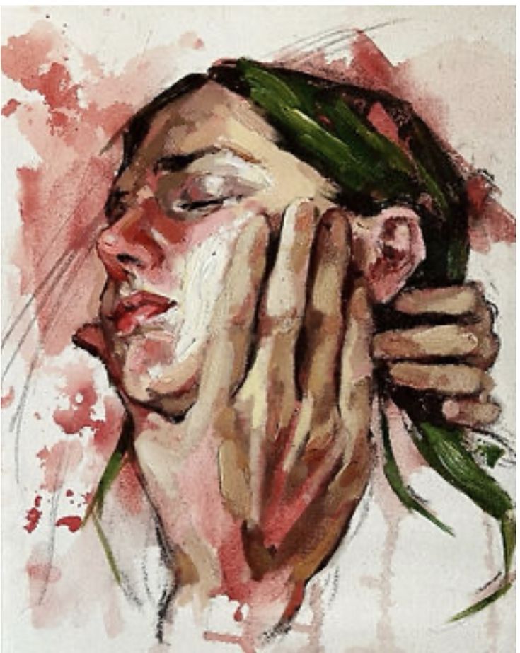 a painting of a person covering their face with his hands and holding the other hand