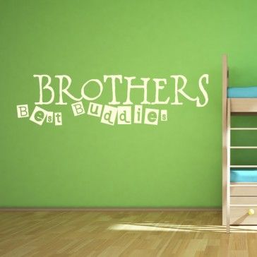 there is a wall sticker that says brothers and sisters on it in the room