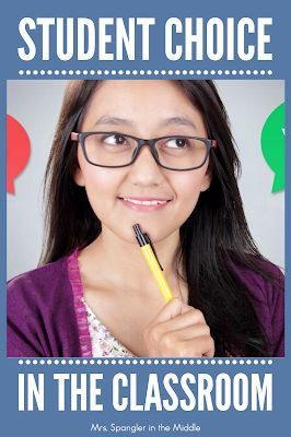 a girl with glasses holding a pen in front of her face and the words, student choice in the classroom