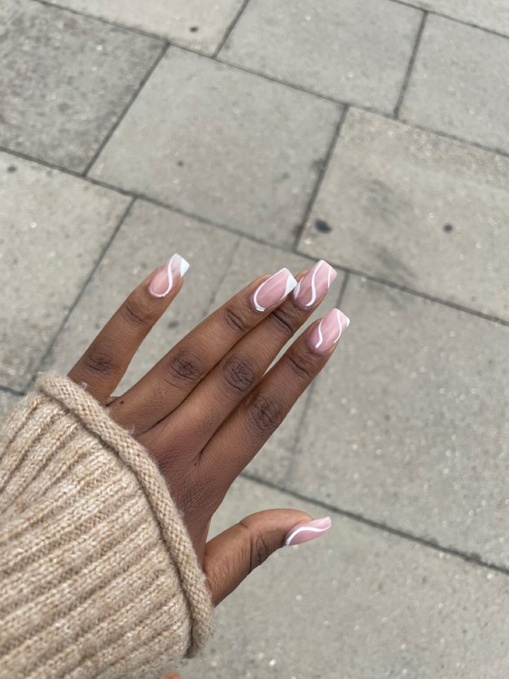 Baby Pink nails with white swirl art Simple Plain Nail Designs, Coffin Engagement Nails, Corporate Nails Simple, Simple Nail Designs Coffin Shape, Corporate Nail Designs, Basic Nail Designs Simple, Simplistic Nail Designs, Cheap Nail Ideas, Minimalist Nails Coffin