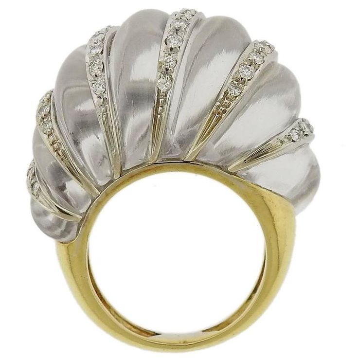 Chic Carved Crystal Diamond Gold Dome Ring Rock Crystal Jewelry, Gold Dome Ring, Gold Chic, Beautiful Rings Vintage, Fine Diamond Jewelry, Dome Ring, Crystal Diamond, 18k Yellow Gold Ring, Jewelry Rings Diamond