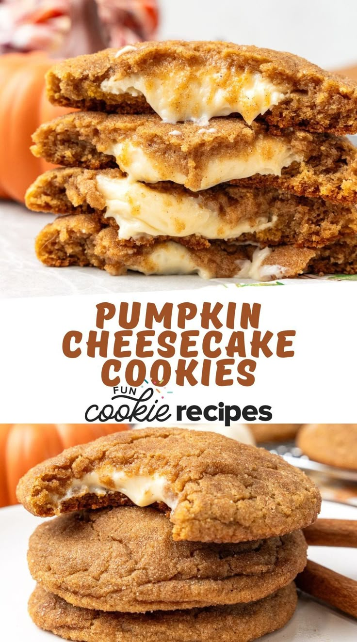 pumpkin cheesecake cookies are stacked on top of each other with the title in the middle