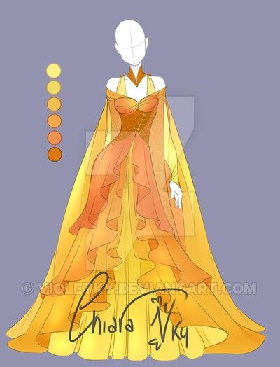 a drawing of a yellow dress with orange accents on the shoulders and neckline, in front of a purple background