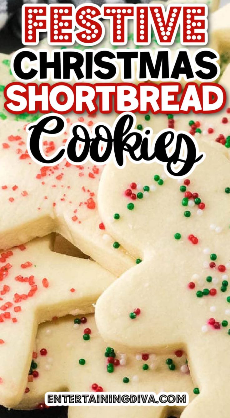 christmas shortbread cookies with sprinkles on top and the words festive christmas shortbread cookies