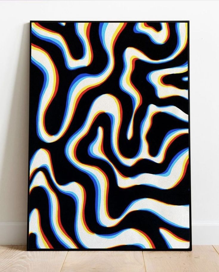 a black and white abstract painting with multicolored lines