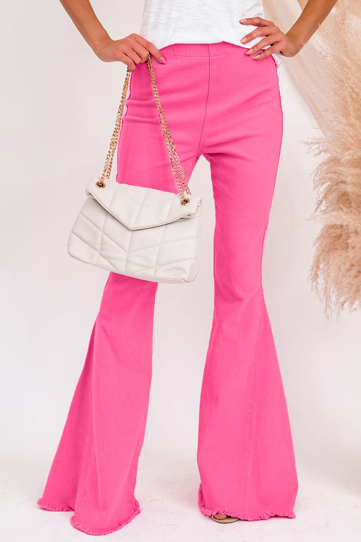 Pink Bell Bottom Denim Pants Denim Flare Pants, Long Denim Pants, Bell Jeans, Mid Waist Jeans, Pink Denim, Jeans Material, Bell Bottom, Denim Flares, Plus Size Jeans