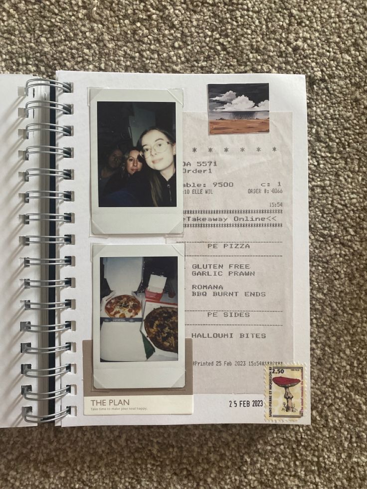 A page of my scrapbook consisting of two polaroids, a selfie with my family and the pizzas we ate. The order receipt is placed on the right side of the page as memorabilia Creative Travel Journal, Buku Diy, Travel Journal Ideas, Journal Therapy, Diy Photo Book, Travel Journal Scrapbook, Buch Design, Bulletin Journal Ideas, Aesthetic Journal