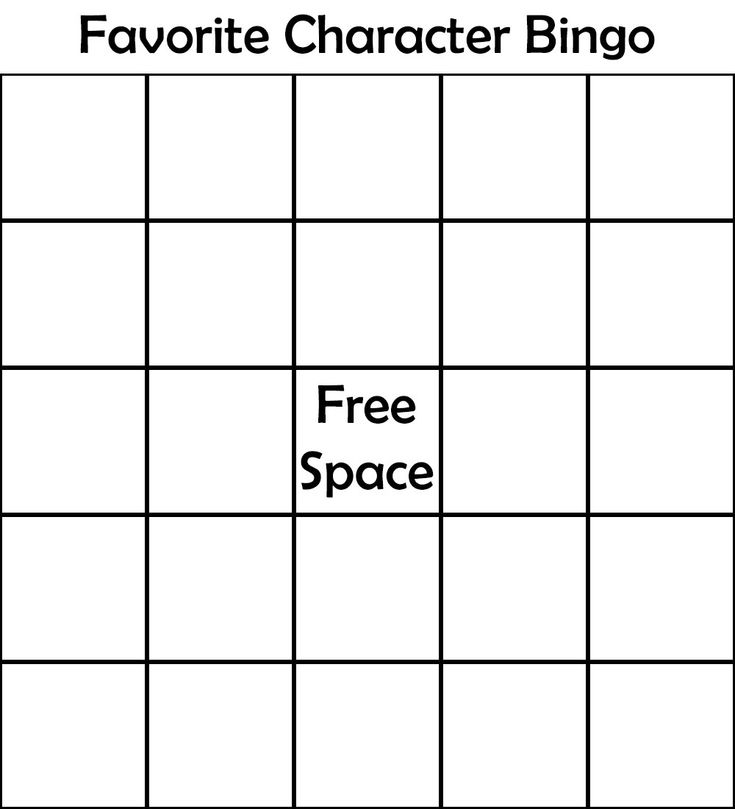 a printable square with the words favorite character bingo and free space