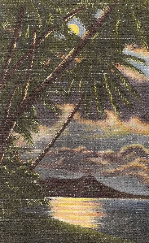 an old postcard with palm trees and the moon in the sky above water at dusk