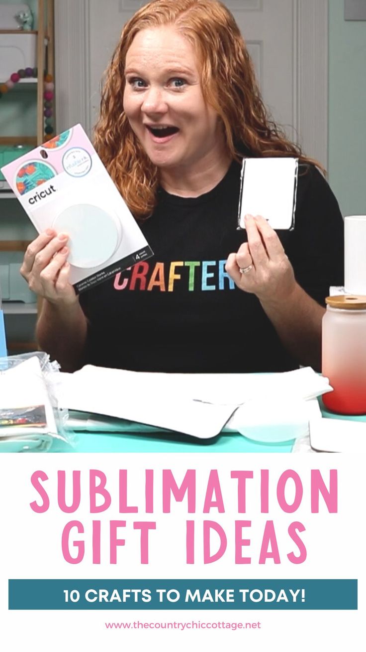 a woman holding up a box with the words sublimation gift ideas on it