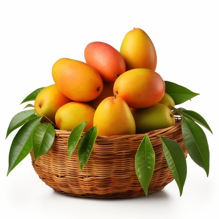 a wicker basket filled with lots of ripe mangoes and green leafy leaves