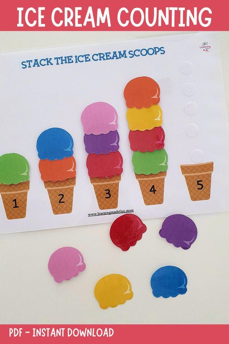 an ice cream counting game for kids to practice counting the numbers in their cones and scoops