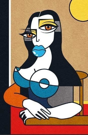 an abstract painting of a woman sitting on a chair