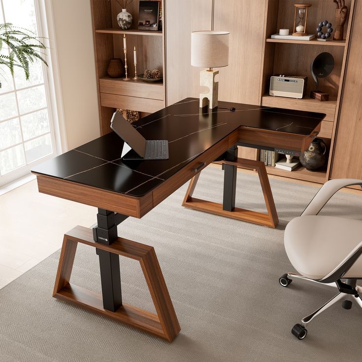 an office desk with a chair and bookcase in front of it, next to a window