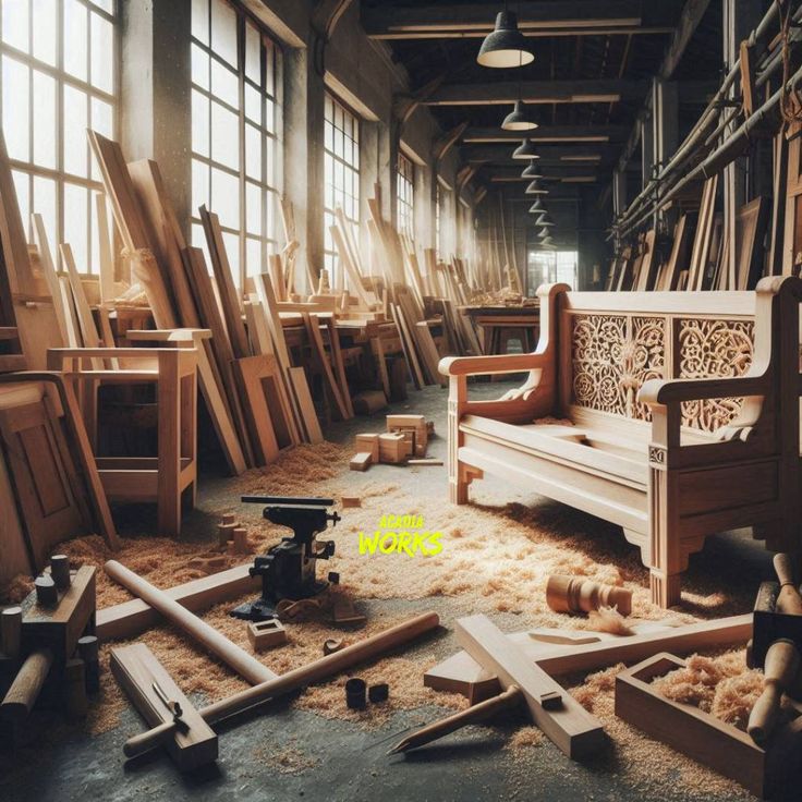 a room filled with lots of wooden furniture and tools on the floor in front of large windows