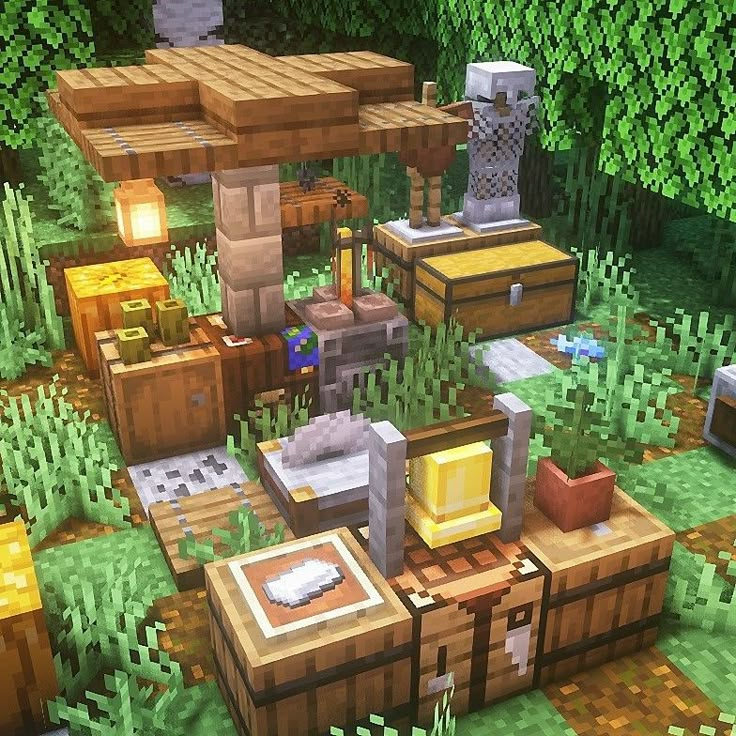 a bunch of different types of furniture in a minecraft environment with trees and bushes