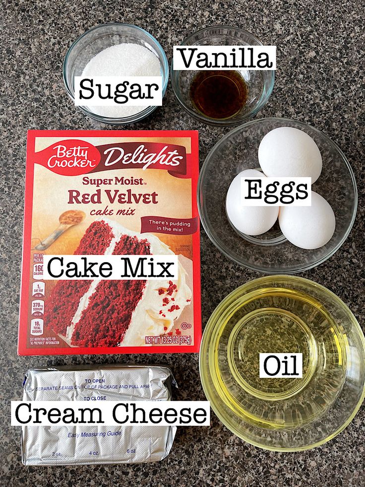 ingredients for cake mix laid out on the counter