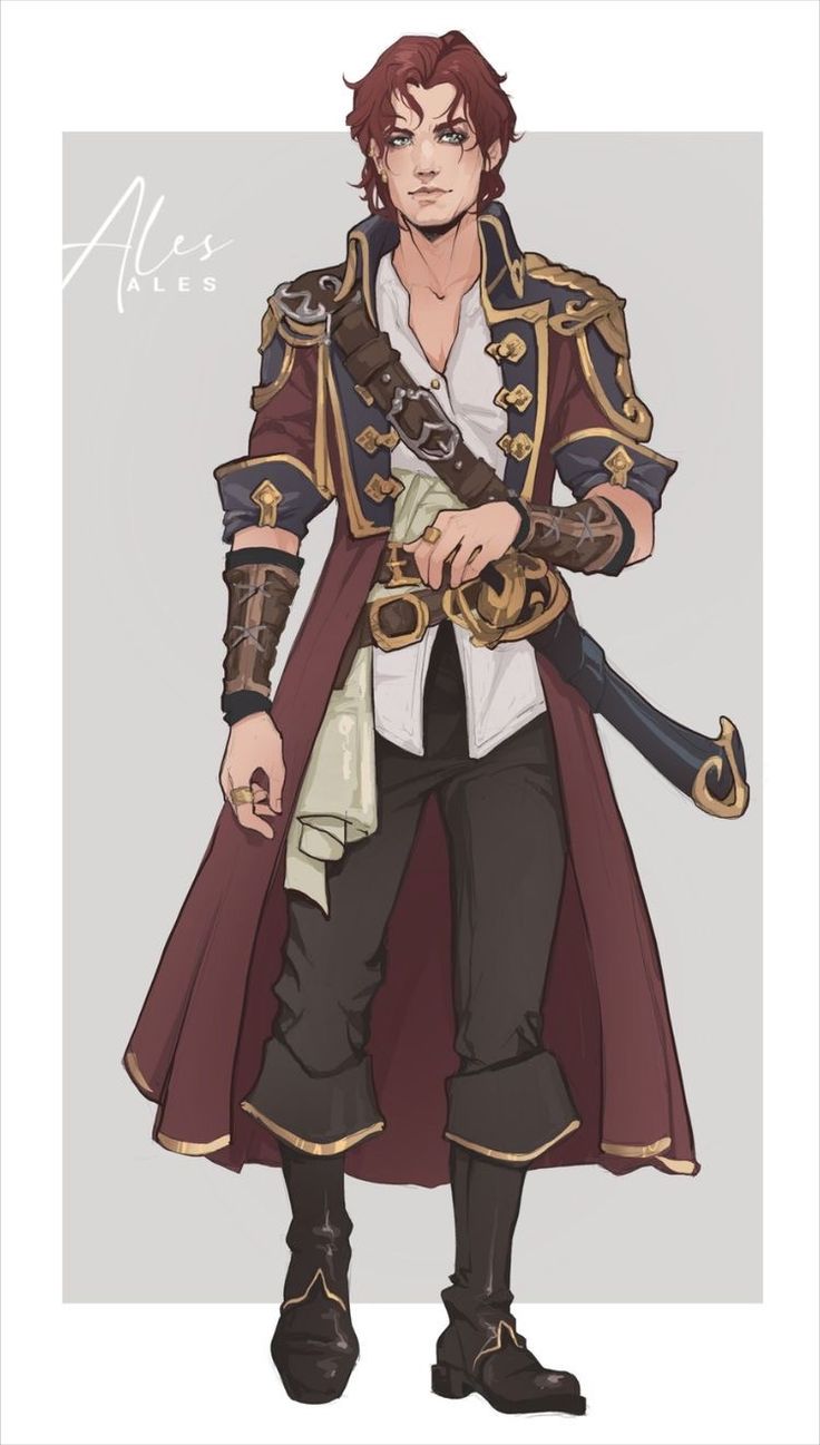 a drawing of a man with red hair wearing a pirate outfit and holding two swords