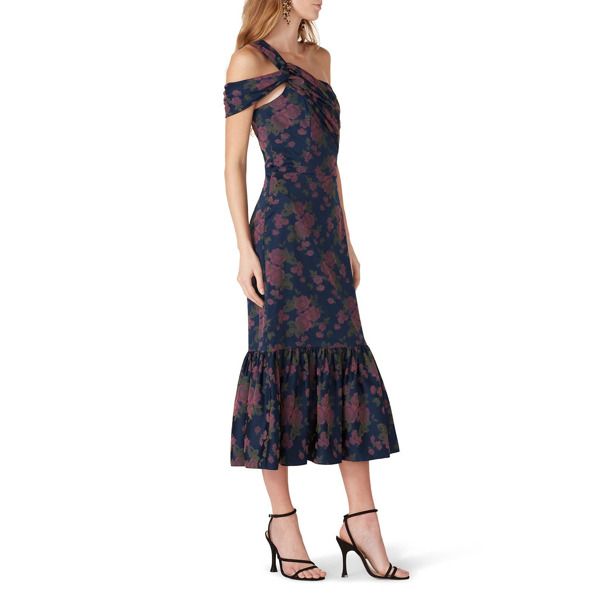 Blue printed jacquard (53% Polyester, 41% Polyamide, 6% Elastane). Sheath. Sleeveless. One shoudler neckline. Hidden side zipper with hook-and-eye closure. Fully lined. 43" from shoulder to hemline. Imported. Fitted Midi Dress With Cutaway Shoulders For Spring, Spring Fitted Midi Dress With Cutaway Shoulders, Fitted Summer Dress With Cutaway Shoulders, Fitted Floral Print One Shoulder Dress, Spring Date Night Dresses With Cutaway Shoulders, Spring Date Night Dress With Cutaway Shoulders, Rent The Runway, Closet Designs, Blue Print