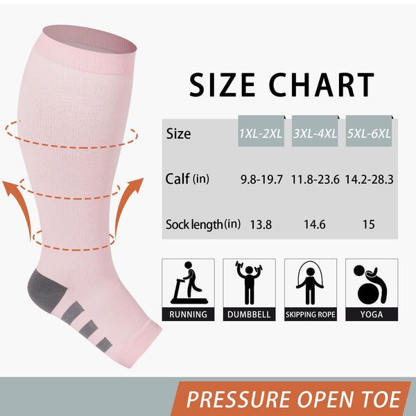 Plus Size Compression Socks Open Toe-Baby Pink | Moon Wood Breathable Supportive Stretch Socks, Supportive Compression Socks, Breathable, Supportive Compression Socks With Breathability, Supportive Compression Breathable Socks, Supportive Compression Knee-high Socks, Supportive Breathable Fitted Socks, Breathable Stretch Mid-calf Socks, Stretch Socks With Arch Support For Training, Breathable Compression Knee-high Socks