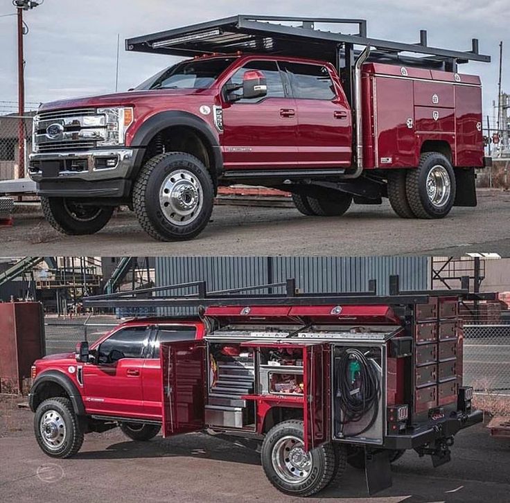 two pictures side by side of a red truck