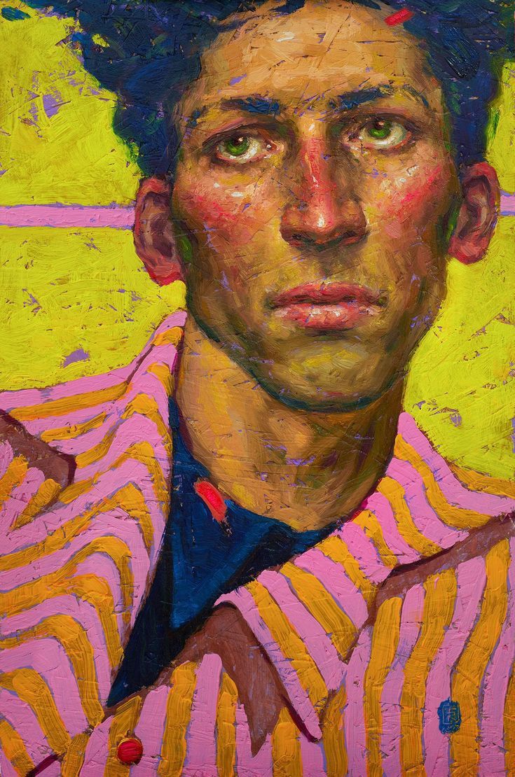 a painting of a man wearing a pink and yellow striped shirt