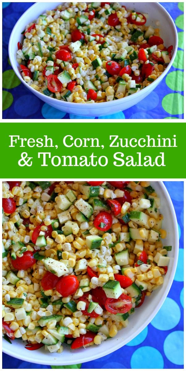 fresh corn, zucchini and tomato salad in a white bowl on a blue tablecloth