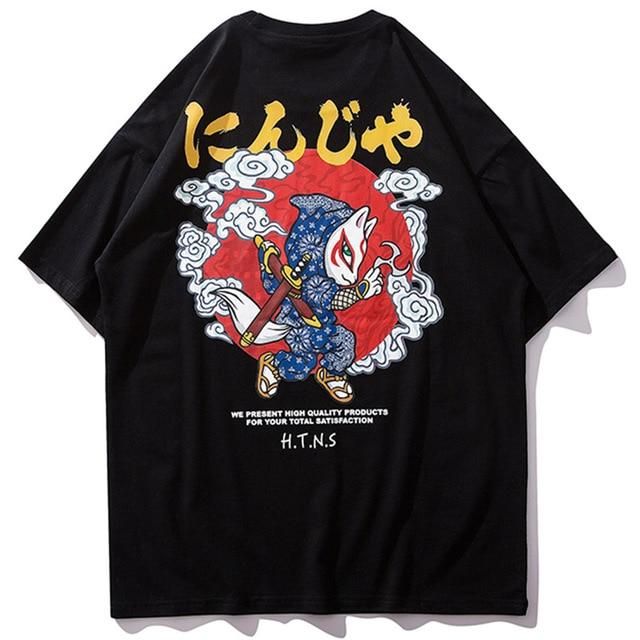 ninja cat printed hip hop streetwear loose tees Streetware Design, Kitsune Mask, Japanese Print, Loose Tees, Shirt Print Design, Hip Hop Streetwear, Japanese Prints, Mens Tee Shirts, Yellow Fashion