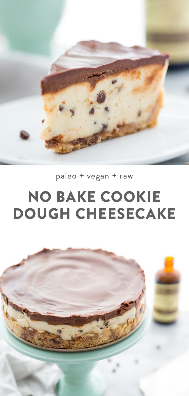 no bake cookie dough cheesecake on a cake plate