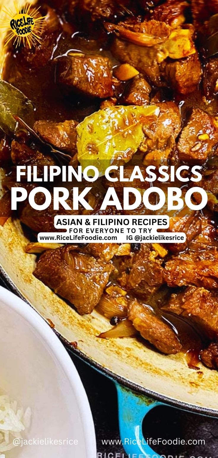 a close up of food in a pan on top of a stove with the words philippines classic pork adobo