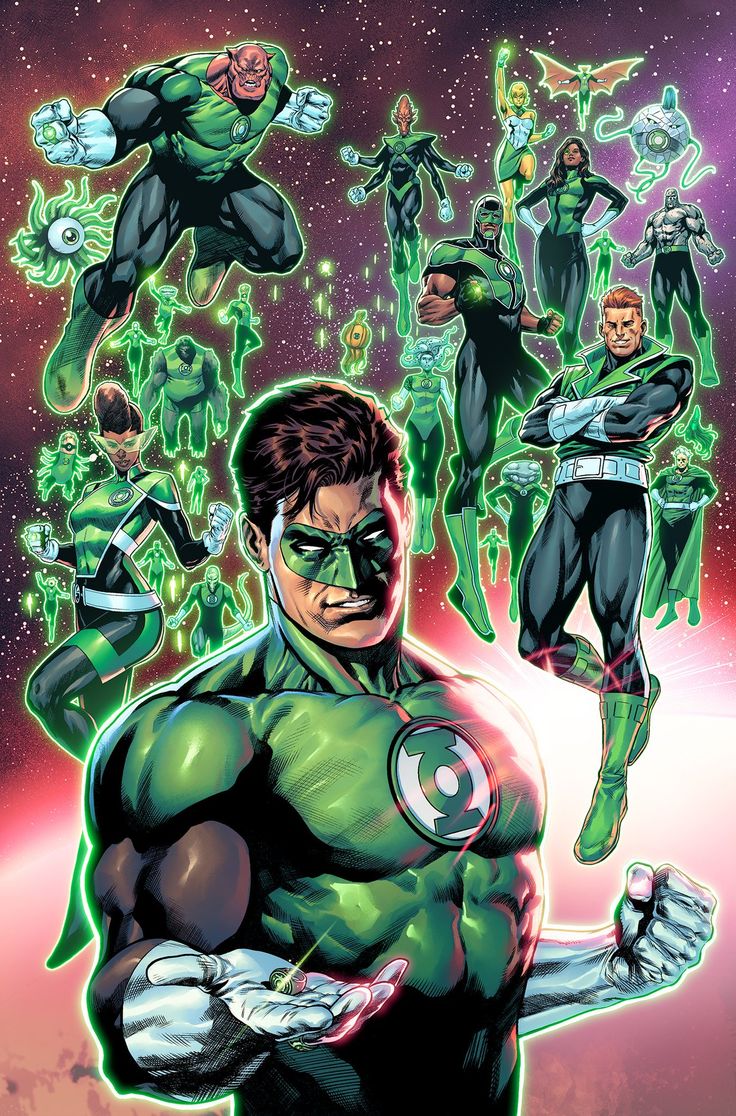 the green lantern is surrounded by other characters