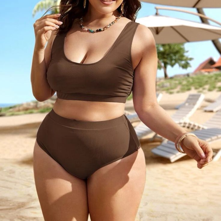 Brown, Plain, Ribbed Bikini Swimsuit Size 3xl. Brand New In Packaging. Cute Traveling Outfits, Chic Travel Style, I'm Toxic, Plus Size Bikinis, Brown Swimsuit, Brown Plain, Plus Size Swimsuit, Afrocentric Fashion, Women Bathing